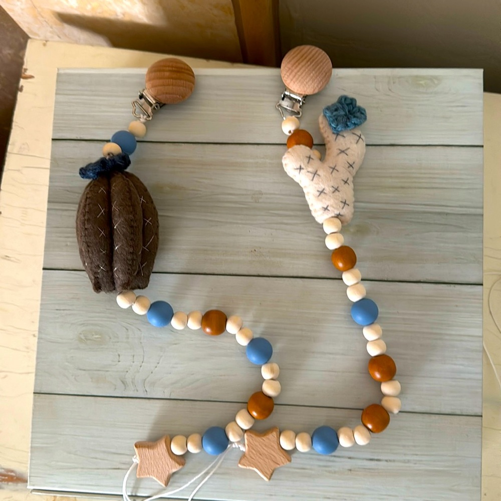 Lot of 2 Handmade Silicone and Wood Pacifier/Binky Clip